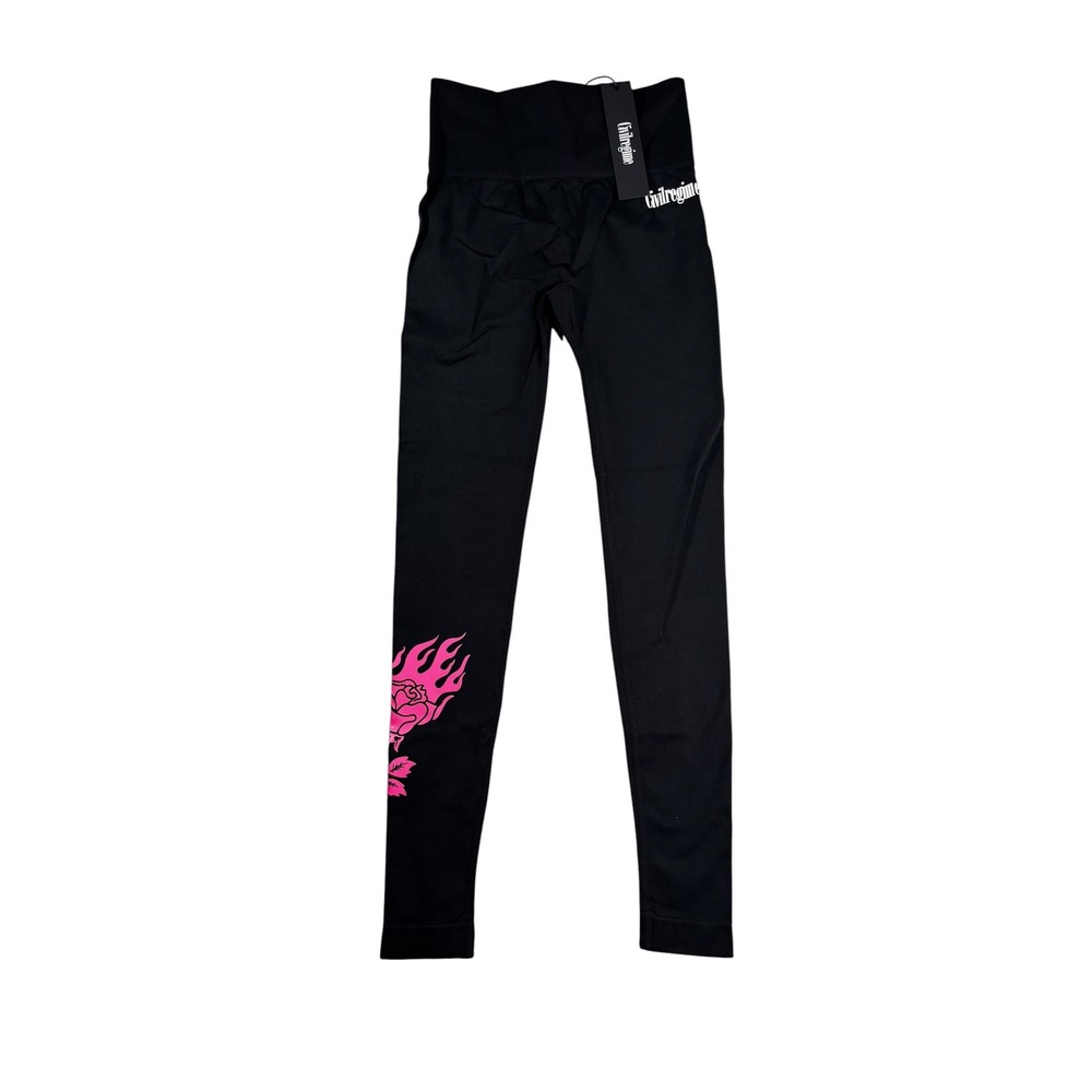 Civil Regime Womens Black Pink Flaming Rose Seamless Scrunch Leggings‎ NWT Large